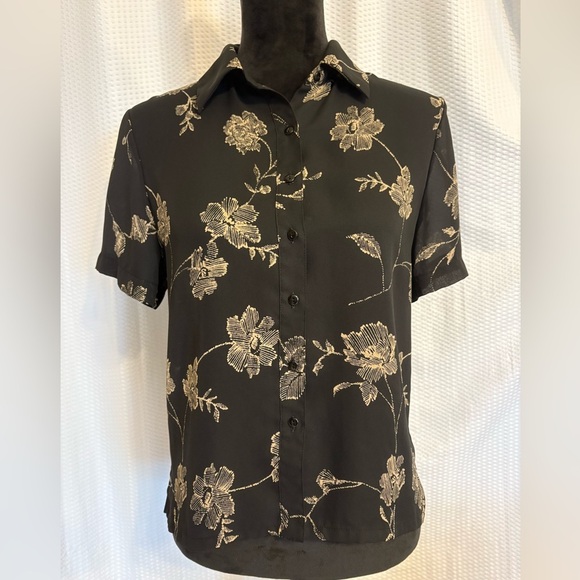 Pendelton black sheer floral print short sleeve button down blouse size 4 - Picture 1 of 6